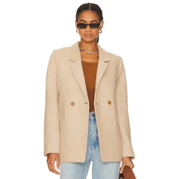 💕ANINE BING💕 Tweed Double Breasted Fishbone Blazer ~ Tan & Cream XL - Picture 8 of 16